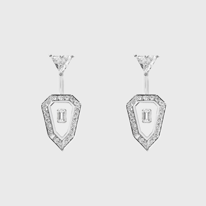 White gold small earrings with white diamonds in translucent enamel